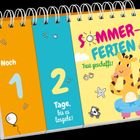 "Sommerferien fast geschafft! Noch 12 Tage, bis es losgeht!" Illustration: Giraffe mit Eis, Sonnenbrille, Seestern.