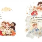 Texte: „Kinder, was wollt ihr?... magischen Tränken!“, „Weh mir, oh weh mir... Glockengeschall...“, „Hilf uns... ach, ich tu’s.“

Links: Eine Hexe schaut aus einer Holztür, rechts: Kinder halten einen Hund.