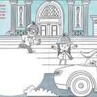 Die Texte beschreiben, dass eine Diebin schnell aus einem Museum flüchtet. Zwei junge Detektive stehen auf den Treppen.