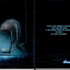 Text: "Und als sein Tagewerk vollbracht, kam schon die Nacht, in der Grimms Träume ihn umfassten, bis dann – ein neuer Tag begann …" Unten steht "donnerstag". Illustration: Eine langbeinige Kreatur mit zotteligem Fell geht gebeugt in einer düsteren Waldlandschaft.