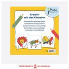 Text: "70 einfach Tiermotive", "Mini Künstler". Illustration: Ein Buntstift malt bunte Tiere wie Löwe, Schmetterling, Schwein.