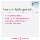 Texte: "Ausmalen leicht gemacht: 70 lustige Pony-Motive, Große Flächen für kleine Künstler, Nachhaltiges, stabiles Papier, Für Kinder ab 2 Jahren." Oben rechts ein Logo mit "Mini Künstler" und einer Sternfigur.