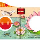 Die Libellen fliegen durch die Luft und freuen sich über den Seerosen­duft. Illustration mit Libellen und Seerosen.