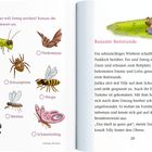 "Welches Tier will Zwerg stechen? Kreuzspinne, Grashüpfer, Wespe, Fledermaus, Hummel, Fliege, Schmetterling, Bremse." Rechts ist eine Illustration mit einem Kind und Hund auf einer Wiese.