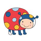 Illustration eines fröhlichen Marienkäfers mit bunten Punkten auf einem roten Rücken, kindlich stilisiert.