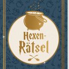 „Hexen-Rätsel“ steht in goldener Schrift über einem Zaubertrankkessel, umgeben von magischen Symbolen.