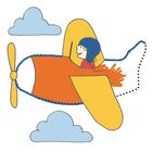 Illustration: Ein Kind fliegt in einem bunten Flugzeug durch die Wolken, gelbe und orangefarbene Teile.