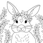 Illustration eines lächelnden Kaninchens mit Blumenkrone und Herzsymbol auf der Stirn, umgeben von Blättern.