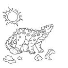 Eine Illustration zeigt einen gepanzerten Dinosaurier unter der Sonne, umgeben von mehreren Felsen.