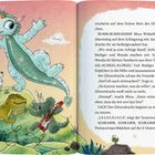 Illustration von fröhlichen Dinosauriern und einem Mädchen mit einem Schlagzeug. Sie machen Musik im Freien.