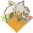 Diese Illustration zeigt einen kleinen Raum mit Herd, Spüle, Topfpflanzen und einem Vogel vor dem Fenster.