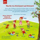 Titel: "Was für ein Gewimmel und Gewusel!" Text beschreibt Wichtel im Garten. Illustration mit spielenden Wichteln.