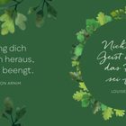 Links: „Schwing dich aus allem heraus, was dich beengt.“ – Bettina von Arnim. Rechts: „Nicht der Geist allein, das Herz sei frei.“ – Louise Aston. Hintergrund mit grünen Blättern.