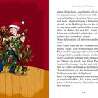 "Dancing home for Christmas." Ein Junge im Weihnachtsmannhut umarmt ein Weihnachtsbaumgerüst auf holzähnlichem Boden.