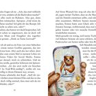 Seite 38 des Texts beschreibt eine Unterhaltung über Backvideos und Social Media Aktivitäten. Rechts sieht man eine Illustration: Ein lächelndes Tier backt, trägt eine Kochmütze und benutzt eine Schüssel.