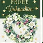 Text: "FROHE Weihnachten". Illustration einer Herzform aus Blumen und Blättern, umgeben von goldenen Sternen.