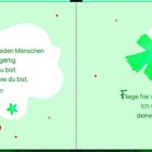 Text in einer Wolke: „Du hast Talent!“ Rechts eine grüne Taube mit roter Blume. Links rote Blumen auf grünem Hintergrund.