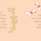 Zwei Zitate über Liebe, verziert mit floralen Ornamenten, Schmetterlingen und einer Blume.