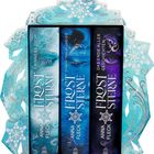 Drei Bücher in blauen bis violetten Tönen mit Schneeflockenmustern, umrahmt von einem dekorativen, eisblauen Motiv.