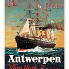 Werbetext: "Red Star Linie Antwerpen New York Philadelphia". Ein großes Dampfschiff auf stürmischem Meer bei Sonnenuntergang.