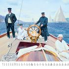 Kalender unten, Zahl 2 groß links. Illustration eines Segelboots mit fünf Männern an Bord vor einer Meereskulisse.