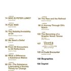 Texte in einem strukturierten Layout: Artikelüberschriften über Öl, Graphic Novels und Begegnungen. Autoren unter Titeln.