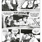 Comic mit einem Paar im Auto, das miteinander spricht. Umarmung und Kuss in schwarz-weiß.