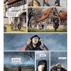 Graphic Novel-Seite: Familie vor Fachwerkhaus, Abschiedsszene, Regen, Mann unterzieht sich einem Sturm.