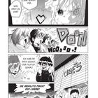 Eine schwarz-weiße Manga-Seite mit mehreren Panels. Oben: Personen sprechen aufgeregt über die "Macht der Liebe".