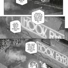 Sprechblasen über reflektierten Straßen und hell leuchtendem Neonschriftzug "HOOK BAR", eine Mondspiegelung im Wasser.