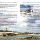 Seitenüberschrift: Walküste, Unterkategorie: Weiterfahrt, Cape Agulhas. Foto: Leuchtturm an einer felsigen Küste mit Wellen.
