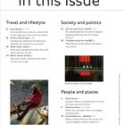 "In this issue" als Titel. Links: "Travel and Lifestyle", Mitte: "Society and politics", Rechts: "People and places."