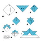 Anleitung zur Faltung eines Samurai-Helms in acht Schritten. Oben Aktionen, unten "Schritt 7" und "Samurai-Helm".