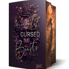 "Immortal Cursed Beasts" von Katy Crown, Black Edition. Ein Schädel mit lila Rosen und goldenen Blättern.