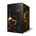 Text: "DARK CONTROL", "KETTEN der MACHT", "AVA ASHFORD", "Black Edition". Goldene Puzzleteile, Herz und Profil einer Frau.