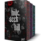 „hide, seek & kill“ in gotischer Schrift. Rote Rosen und Totenschädel verzieren den dunklen Hintergrund.
