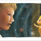 Ein Junge spricht mit einem kleinen, goldenen Wesen mit flammenähnlichem Haar. Im Hintergrund ein mystischer, funkelnder Nachthimmel.