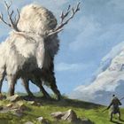 Ein großes, pelziges Wesen mit Geweih steht gegenüber einer kleinen, bewaffneten Figur auf einer Bergwiese.