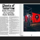 Text: "Ghosts of Tomorrow. Kuki Iwański on Leaving Style Behind." Links ist ein Artikel, rechts ein nächtlich beleuchtetes Kunstwerk.