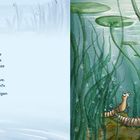 Text beschreibt Larven, die eine Seerose hinaufklettern. Illustration zeigt Wasserlarven unter Wasser zwischen Pflanzen.