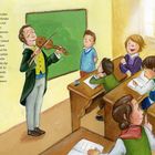 Ein Lehrer spielt Geige vor fröhlichen Kindern in einem Klassenraum, während ein Text seine Empathie und Armutsverständnis beschreibt.
