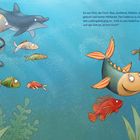 Text: "Da war Ferri, der Fisch. Blau, strahlend, fröhlich, stets gut gelaunt und immer hilfsbereit." Illustration mit bunten Fischen im Meer.