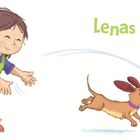 "Lenas Hund." Ein Mädchen spielt mit einem fröhlichen Hund, der einem bunten Ball nachjagt.