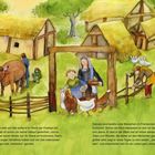 Text im unteren Bereich beschreibt das Leben von Korbinian im Reich der Franken. Illustration von Bauernhof mit Menschen, Tieren und Häusern.