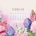„FEBRUAR“ in großen Buchstaben mit einem Kalender für den Monat und bunten Blumen illustriert.