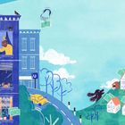 Illustration mit Gebäuden, Bäumen und einem gelben Auto auf einer Straße, Leute winken aus Fenstern, Euro-Scheine schweben.