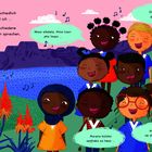 Texte: "Wir mögen unterschiedlich aussehen, du und ich ... und verschiedene Sprachen sprechen". Kinder singen fröhlich.