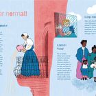 "Das war normal!" in großen Lettern. Eine Illustration zeigt eine Frau, die aus einem Fenster Wasser gießt; daneben ein Kind in einem Käfig am Fenster. Unten eine Familie mit Fotoapparat.