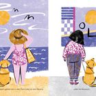 Texte: "An manchen Tagen gehen wir in den Park oder an den Strand... oder ins Museum."  
Illustration: Links Person am Strand, rechts im Museum. Beide mit Hund.