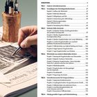 Das Inhaltsverzeichnis listet Teile und Projekte zum Drechseln von Schreibgeräten auf. Links ist ein Bild von Stiften in einem Halter.